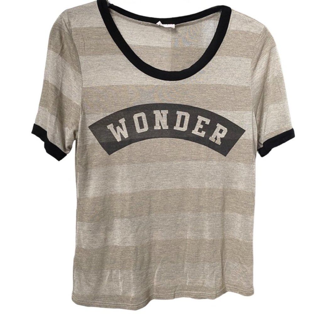 Poetry Wonder Scoop Neck Short Sleeve Soft Stretchy grey stripes T-Shirt SzM #04